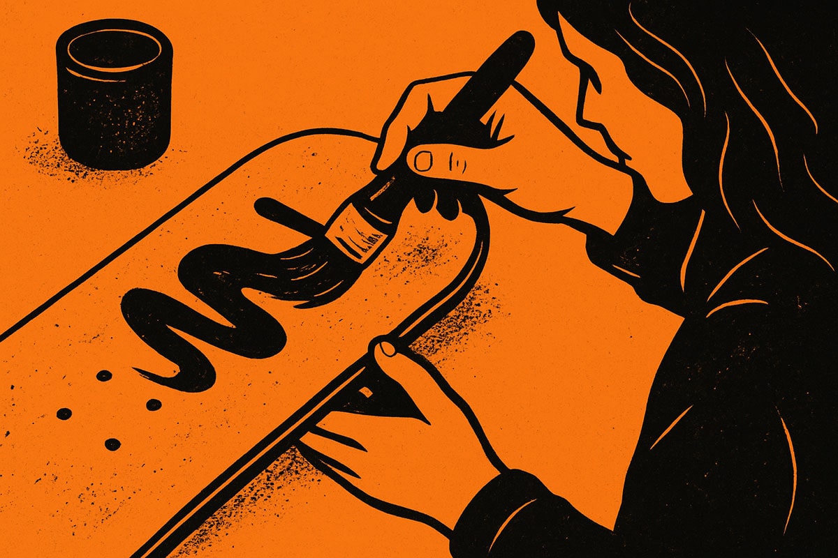 a orange and black image of a person painting a skateboard deck in a line drawing style